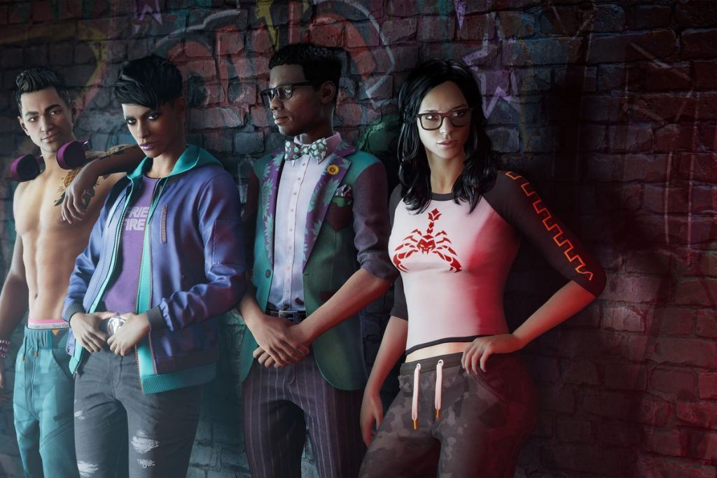 Four people in front of a graffitied brick wall. All of them are diverse in looks and clothing styles. From left we have a shirtless person, person wearing heavy make-up and jacket. Person in formal suit and bowtie and a person with pink t-shirt (that has scorpio on it). 