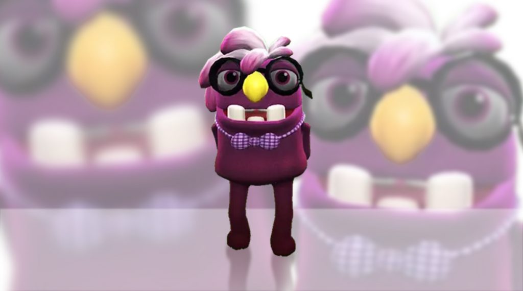 A cartoonish, bean-shaped character wearing a dark-pink suit with a white and purple bowtie. They have white hair with pink ends. They wear big round glasses.